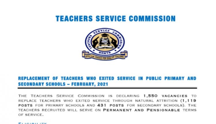 TSC Advertises 1550 Teachers Replacement Vacancies In Public Primary And Secondary Schools